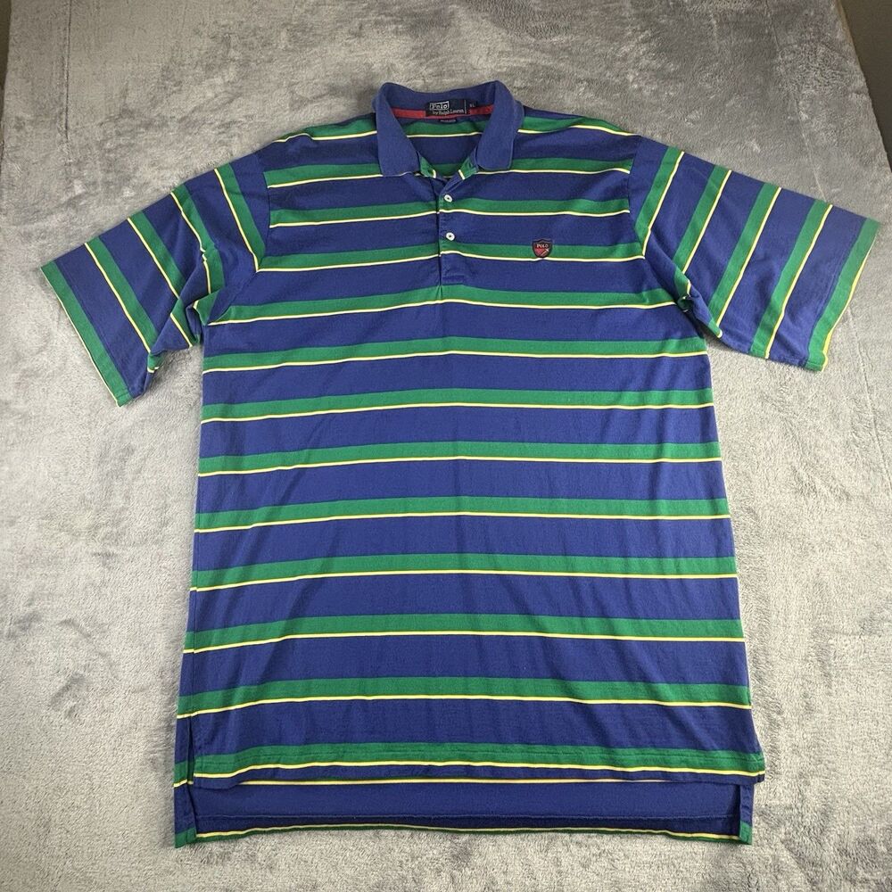 Polo‎ Ralph Lauren Shirt Mens  XL Blue Green Color Block 100% Fine Cotton Crest